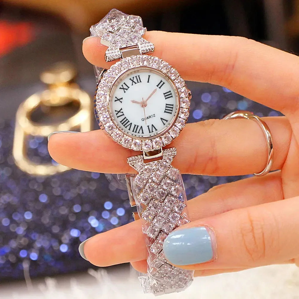 Luxury Women Shiny Bracelet Watches 2pcs Set Rose Gold Watch Fashion Ladies Elegant Quartz Diamond Wristwatch Female Reloj Mujer